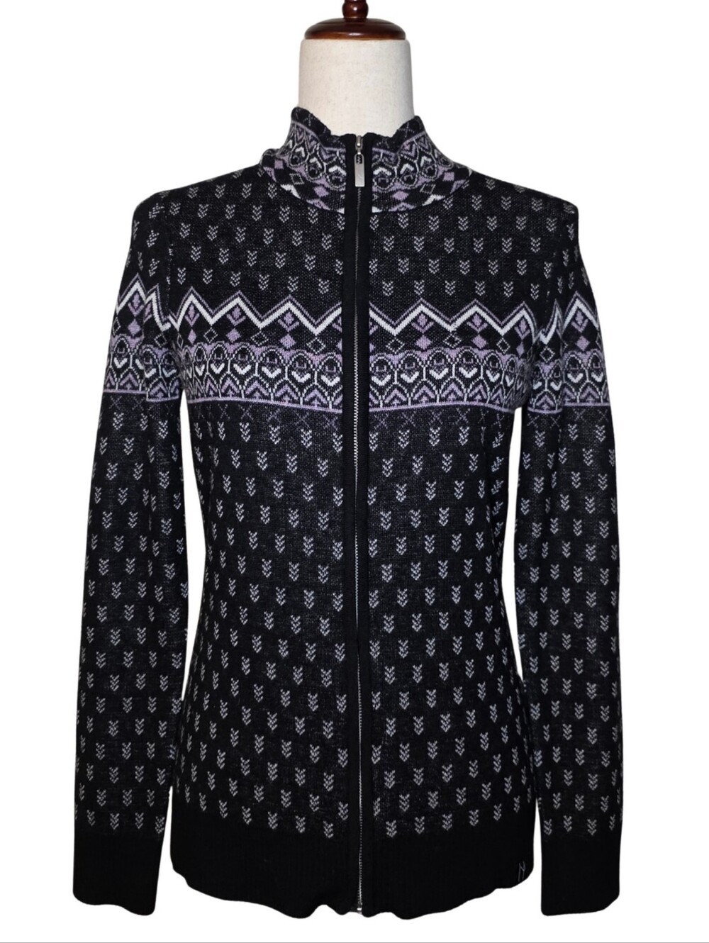 Neve Black & Purple Faire Isle Merino Blend Full Zip Mockneck Sweater